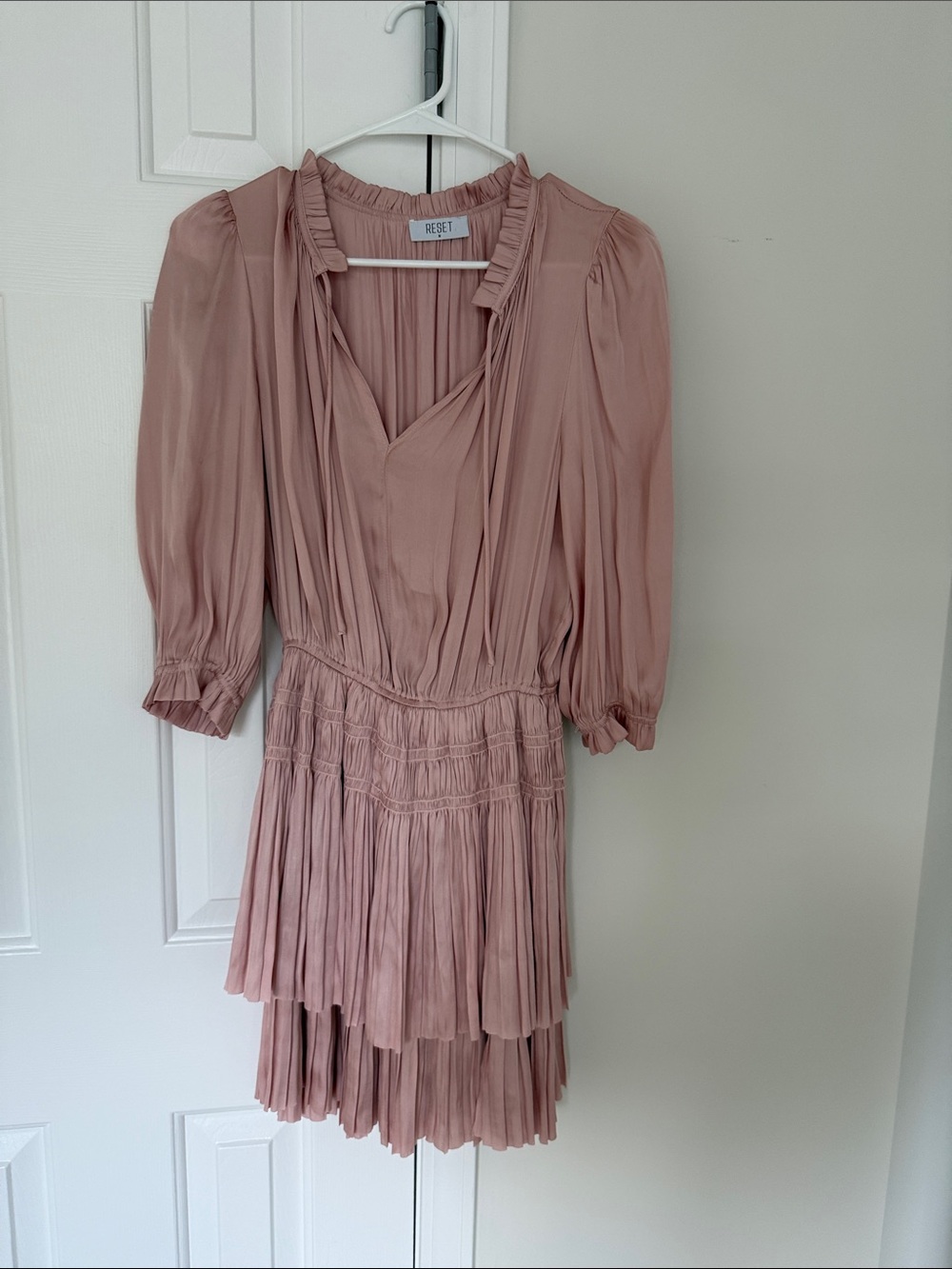 The Reset Dusty Rose Pleated Long-Sleeve Tiered Dress